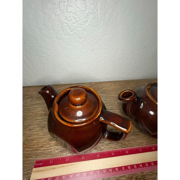 Vintage 1950s Brown Drip Glaze Personal Tea Pots With Lids - Set Of 2 - Made In - Picture 4 of 15